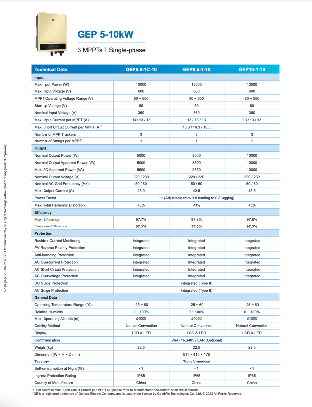 GE Single Phase (GEP) 8.5kW Inverter – 3MPPT