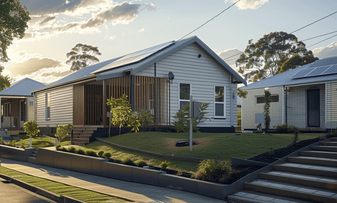 Brisbane house on a sunny and green street, with a solar system and panels installed on the roof.