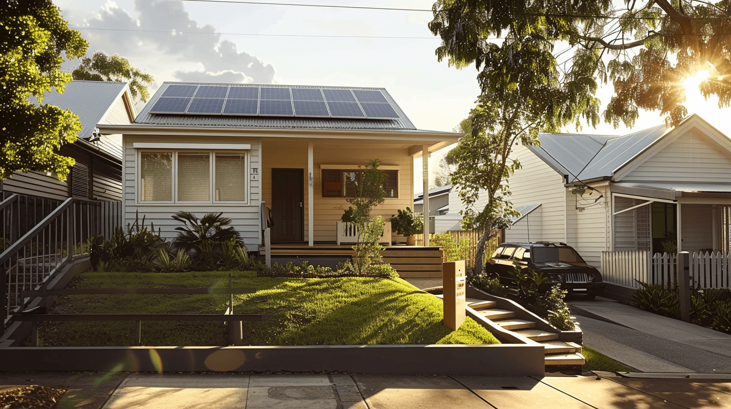 A rental home (investment property) on a sunny and green Brisbane street, with a solar system installed on the roof.