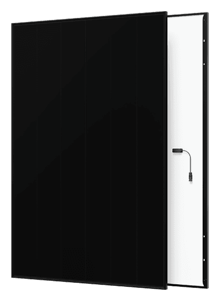 AIKO Neostar 3S54 full-black solar panel from the front, with a second panel behind it showing the white back and cable
