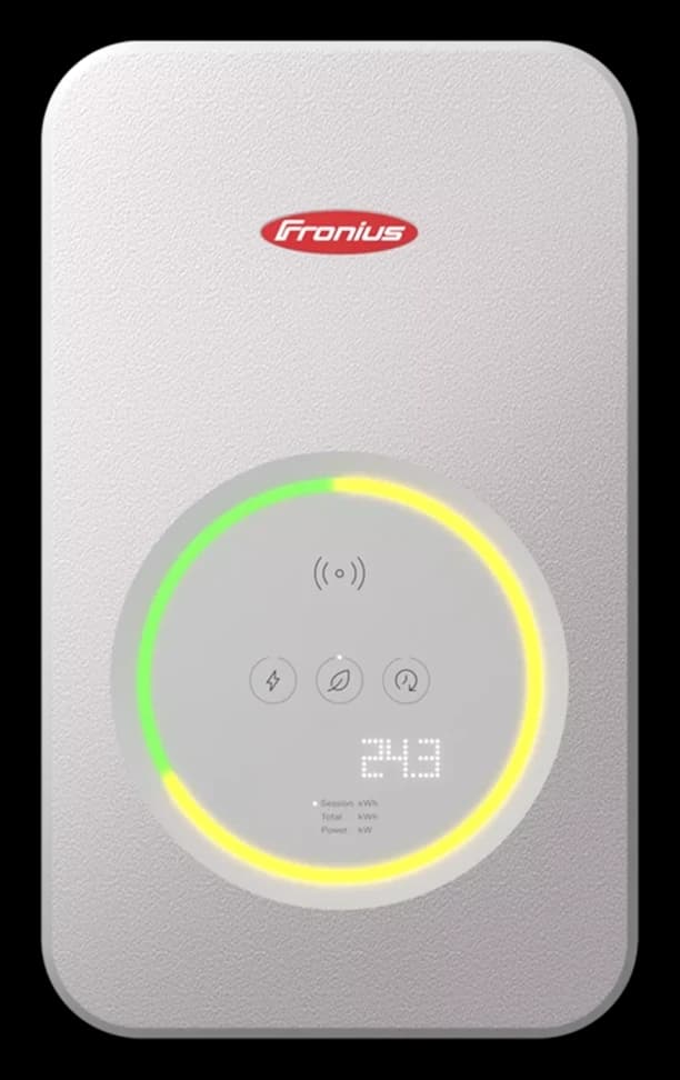 Fronius Wattpilot Flex Home EV charger, front view, with the red Fronius logo and a green and yellow LED ring
