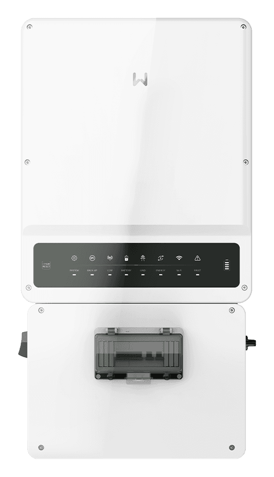 GoodWe EHB single phase hybrid inverter: a white wall-mounted unit with a row of status lights and a wiring box underneath