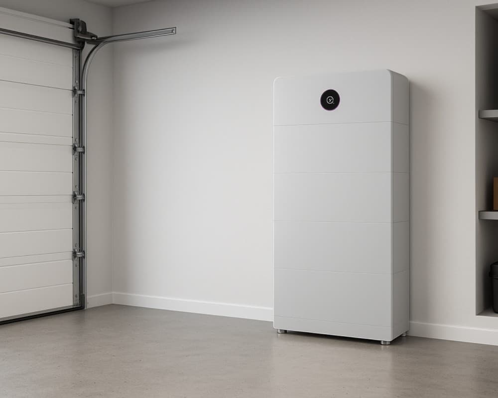 A GoodWe ESA home battery standing against a garage wall (GoodWe's own image)