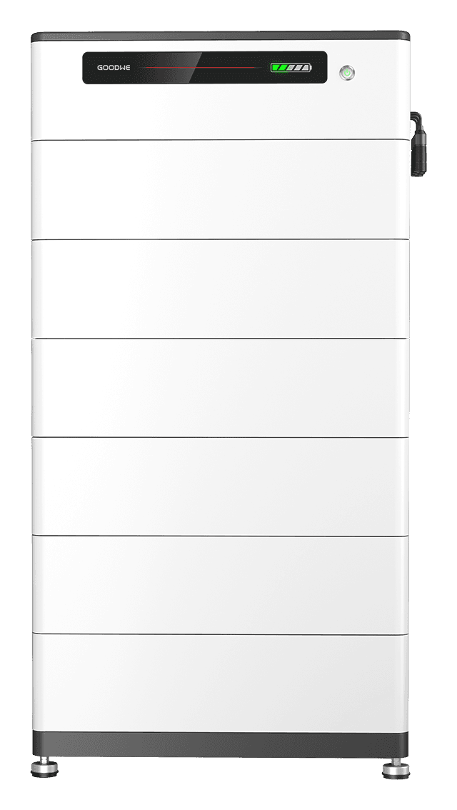 GoodWe Lynx F G2 battery: a floor-standing white tower of stacked battery modules with a GoodWe status display on top