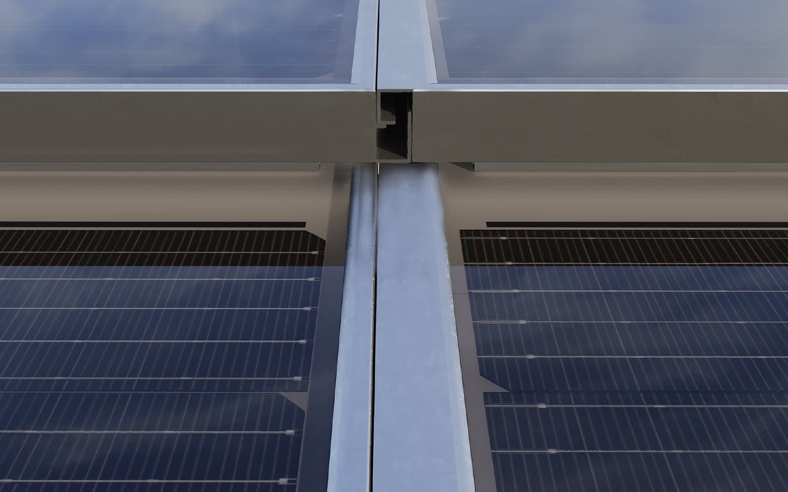 Close-up render of two GoodWe Polaris panels meeting along a metal channel, the joint that seals the carport roof