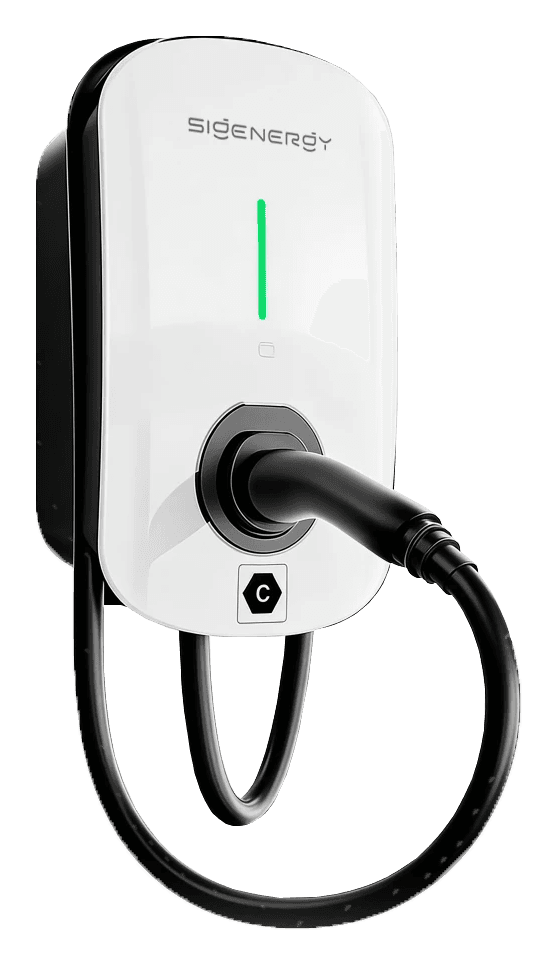 Sigen EV AC Charger, a white wall charger with a green light strip and its tethered Type 2 cable plugged into the front