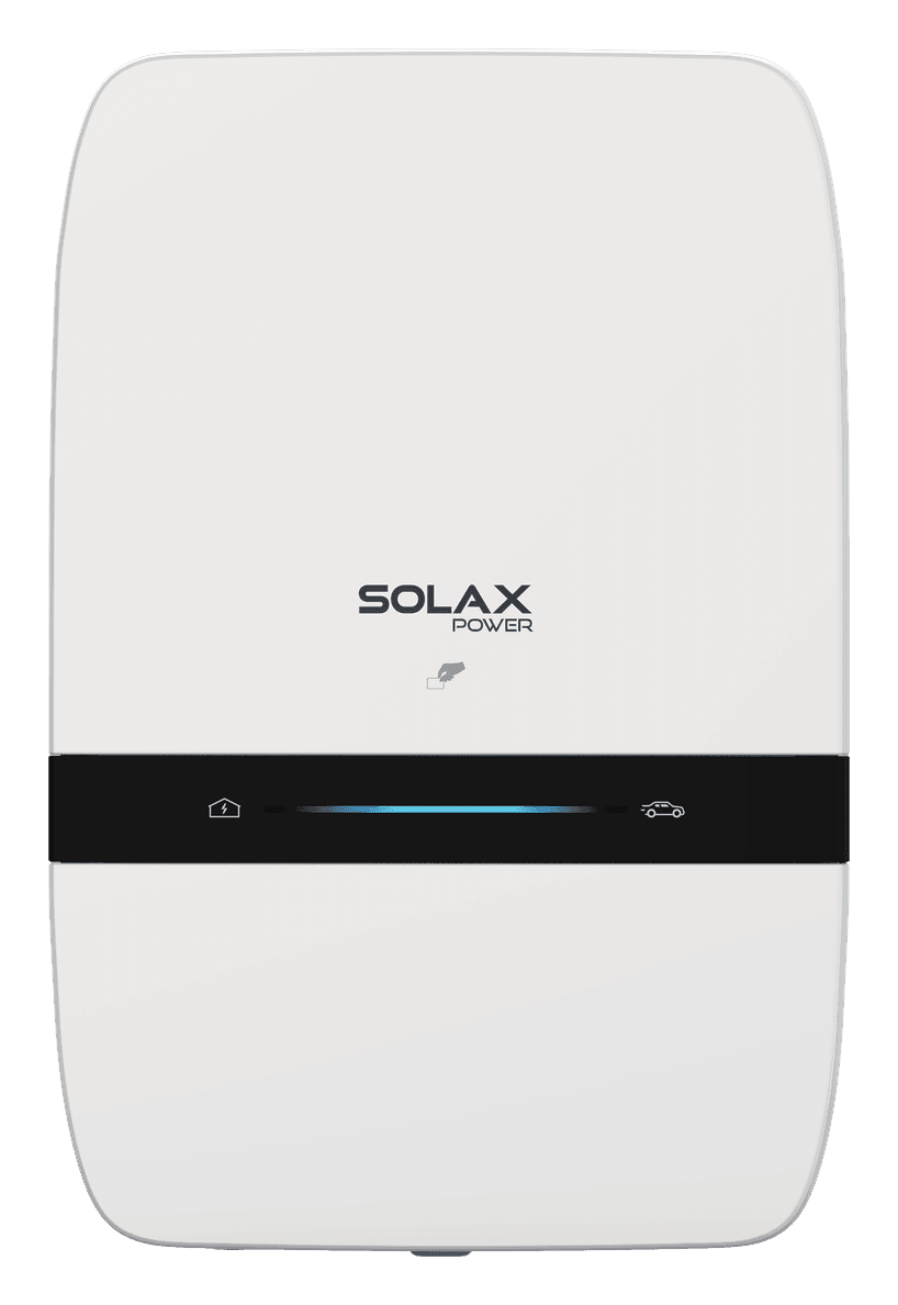 SolaX Binary Series EV charger, a white wall unit with a black band across it and a blue light between a house icon and a car icon