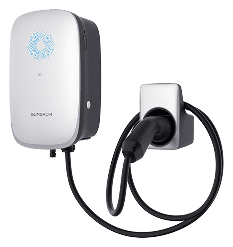 Sungrow AC22E-01 home EV charger with its tethered cable coiled on the plug holder
