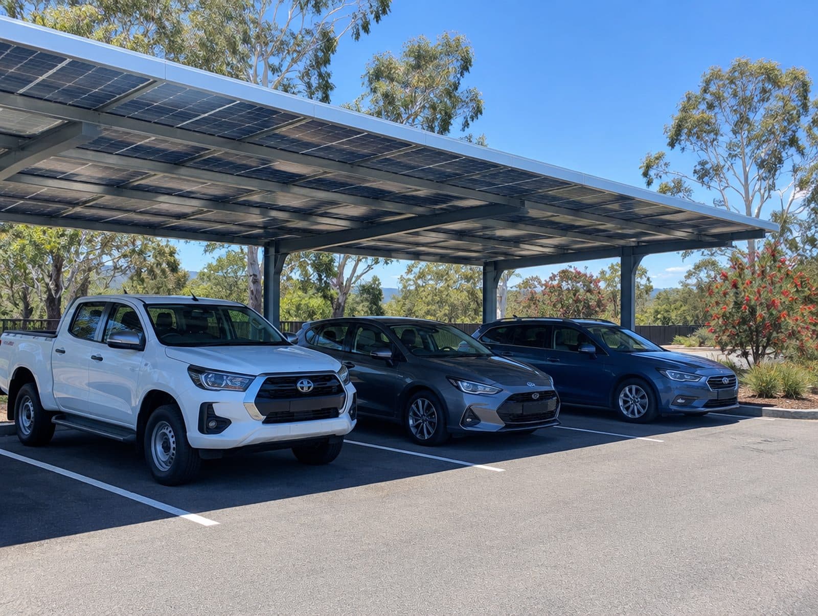 A commercial car park shade structure roofed with solar panels