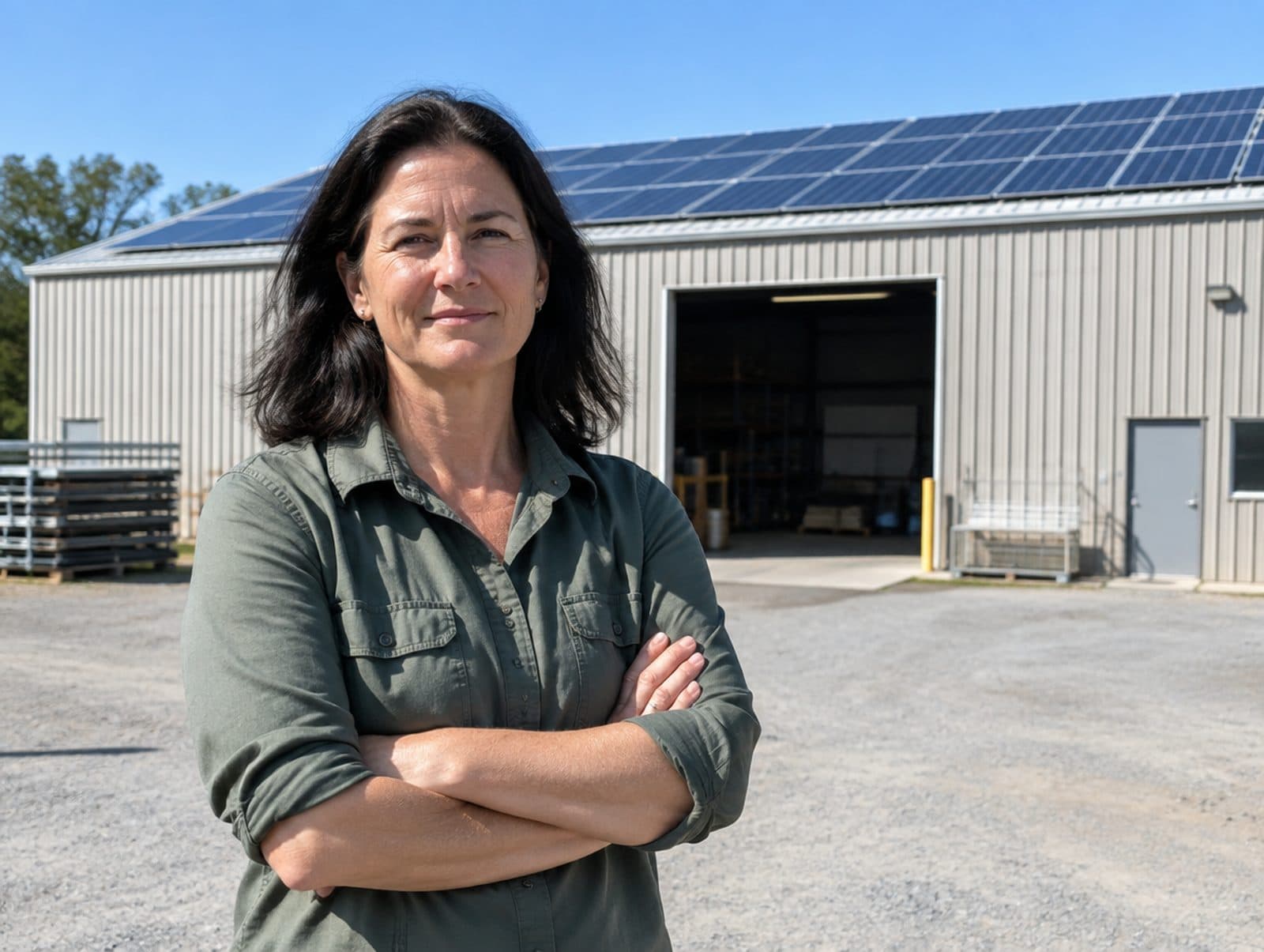A business owner standing outside his warehouse, solar panels on the roof behind him