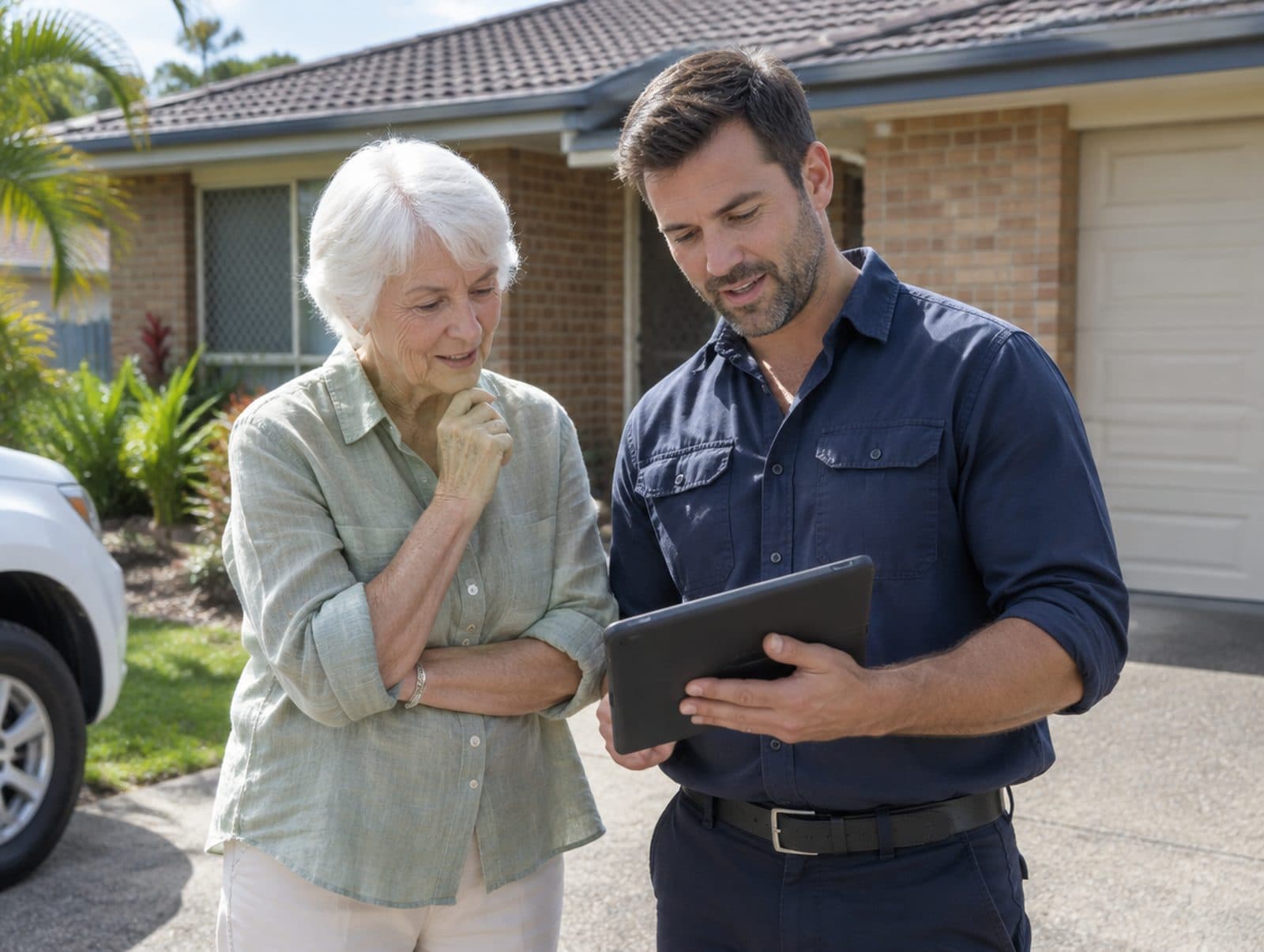 A homeowner and a technician looking over system readings together on a driveway