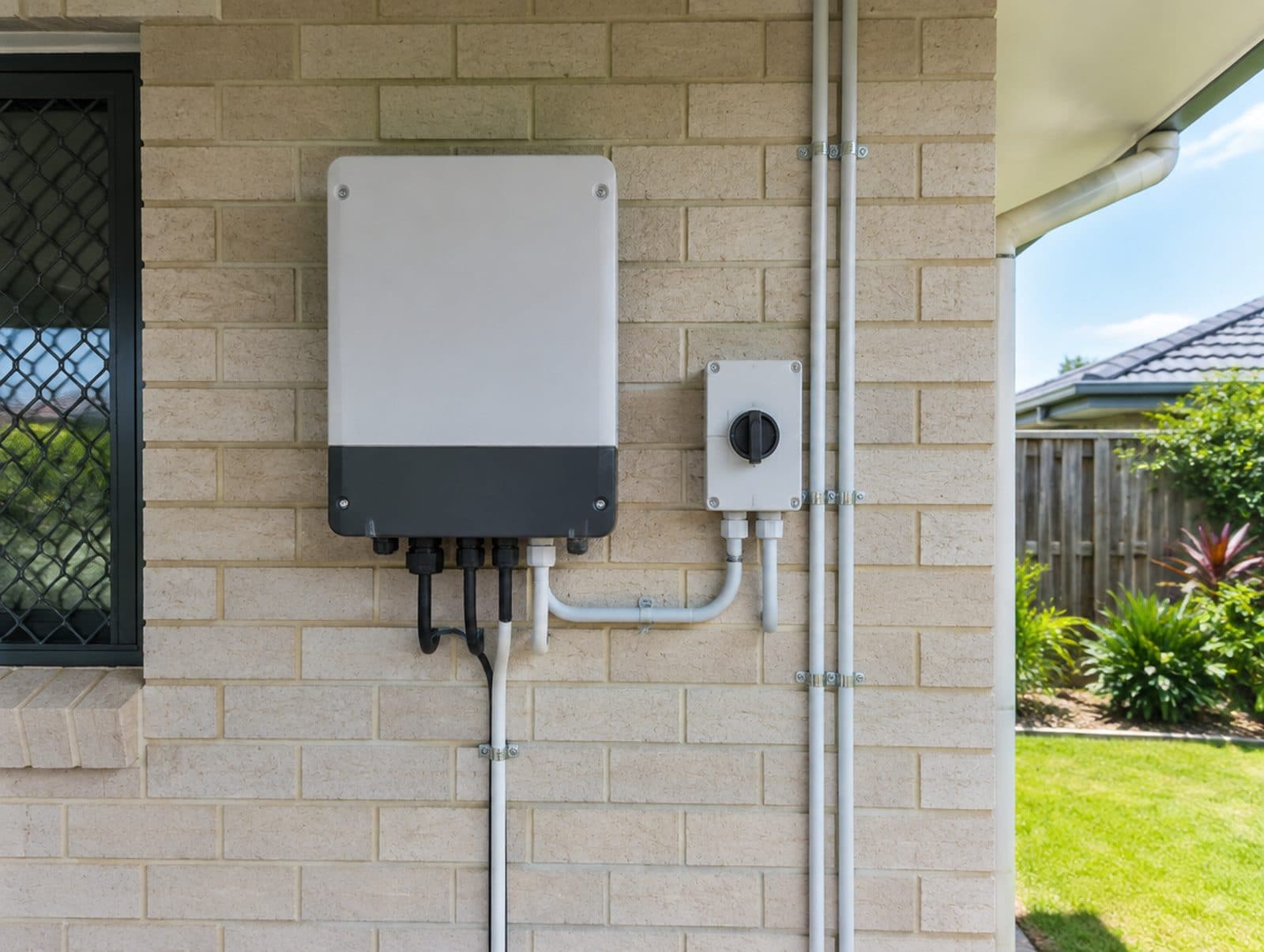 A neatly finished external inverter installation with tidy conduit runs
