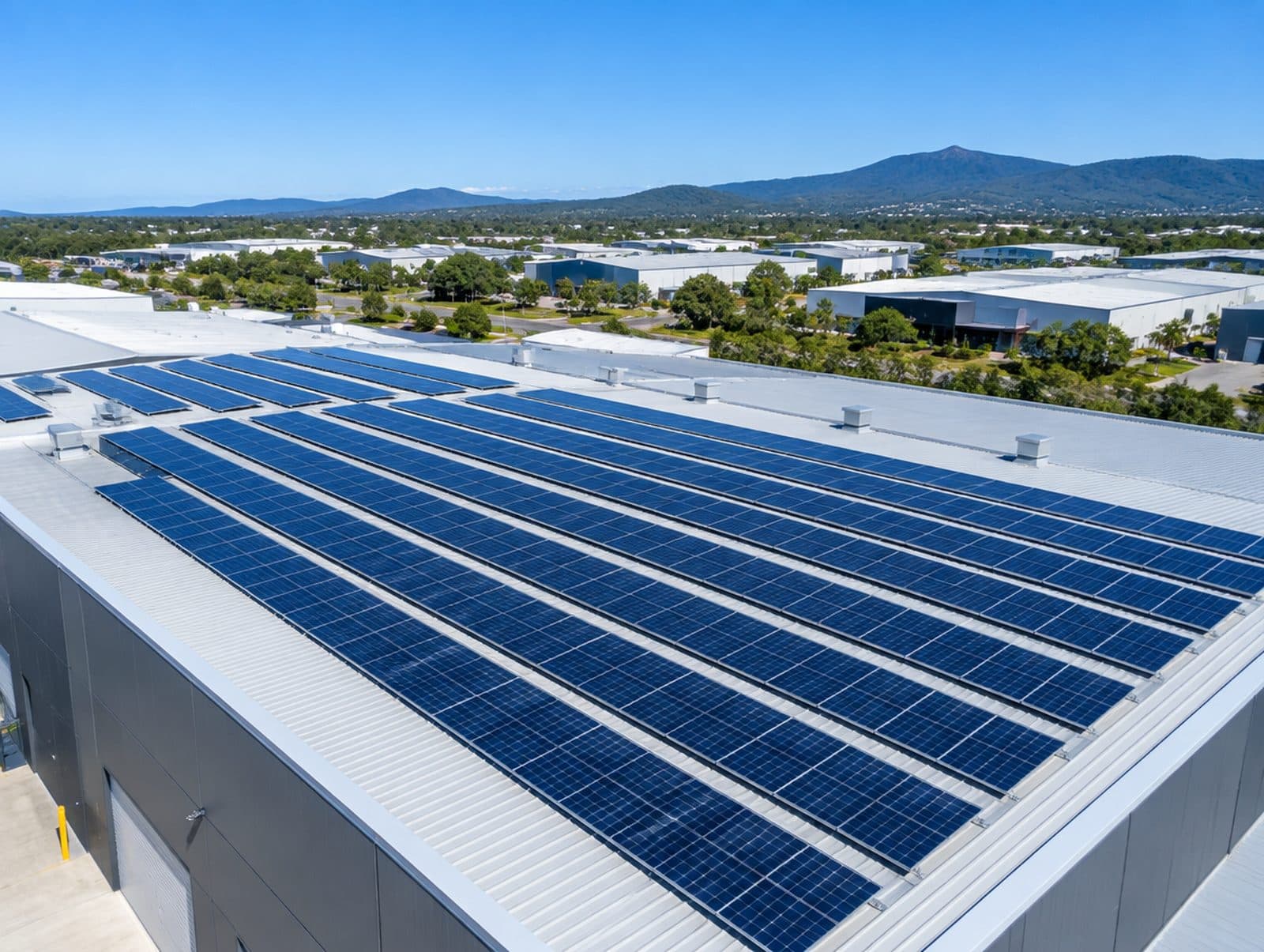 A large commercial roof covered with rows of solar panels