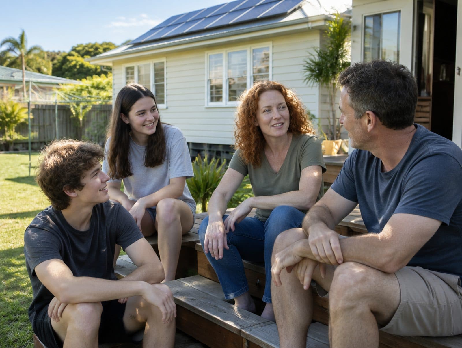 A family in their back yard, their house behind them with panels on the roof