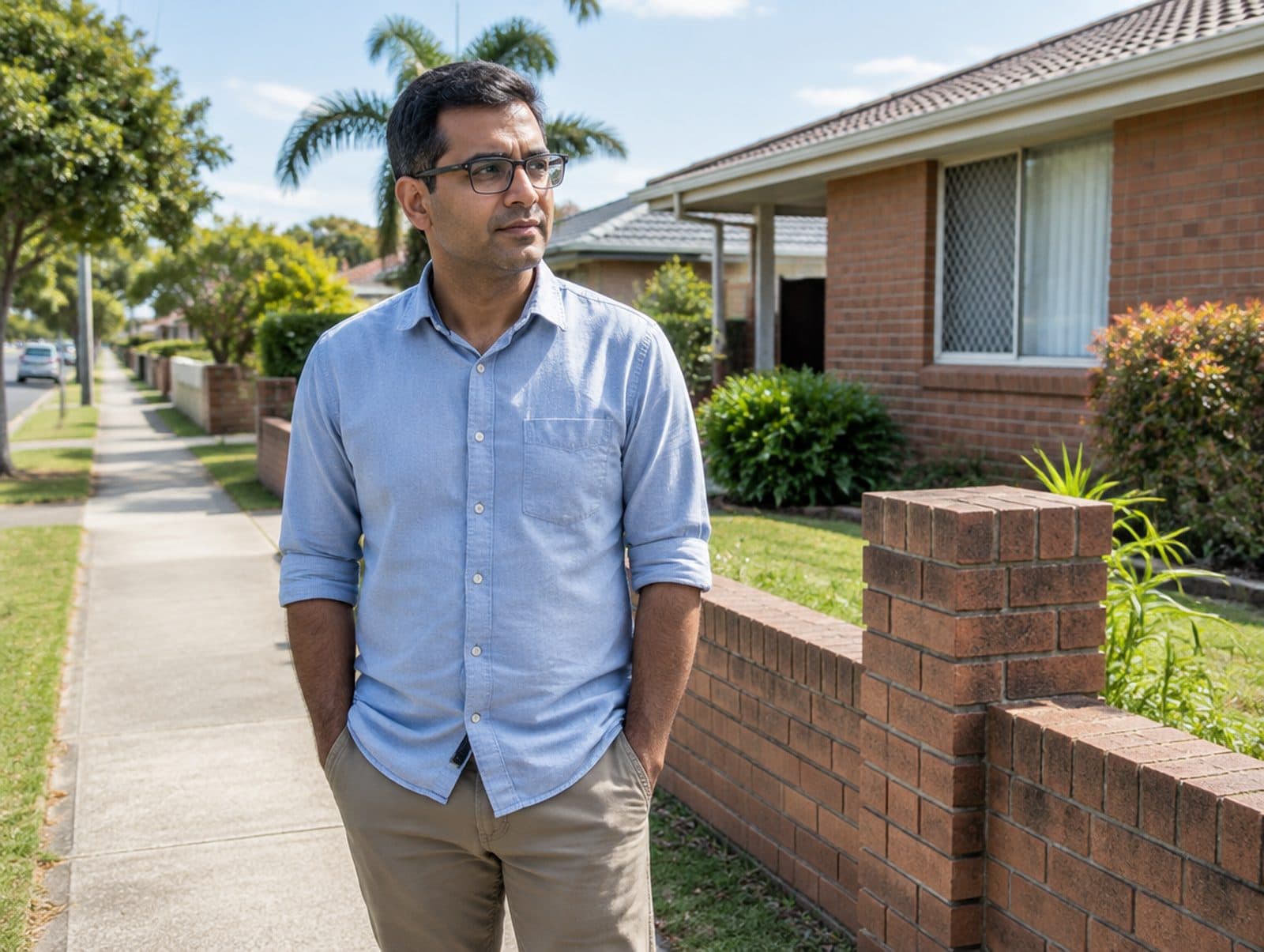 A landlord outside a tidy brick rental property