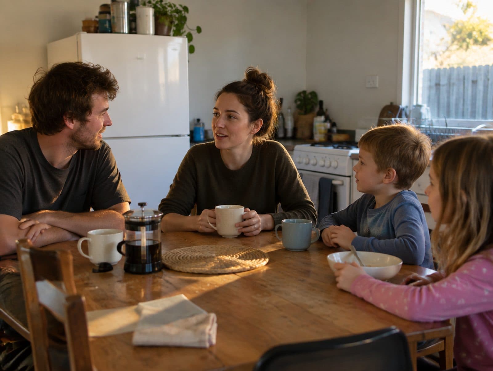 A young family at the kitchen table of a rented home