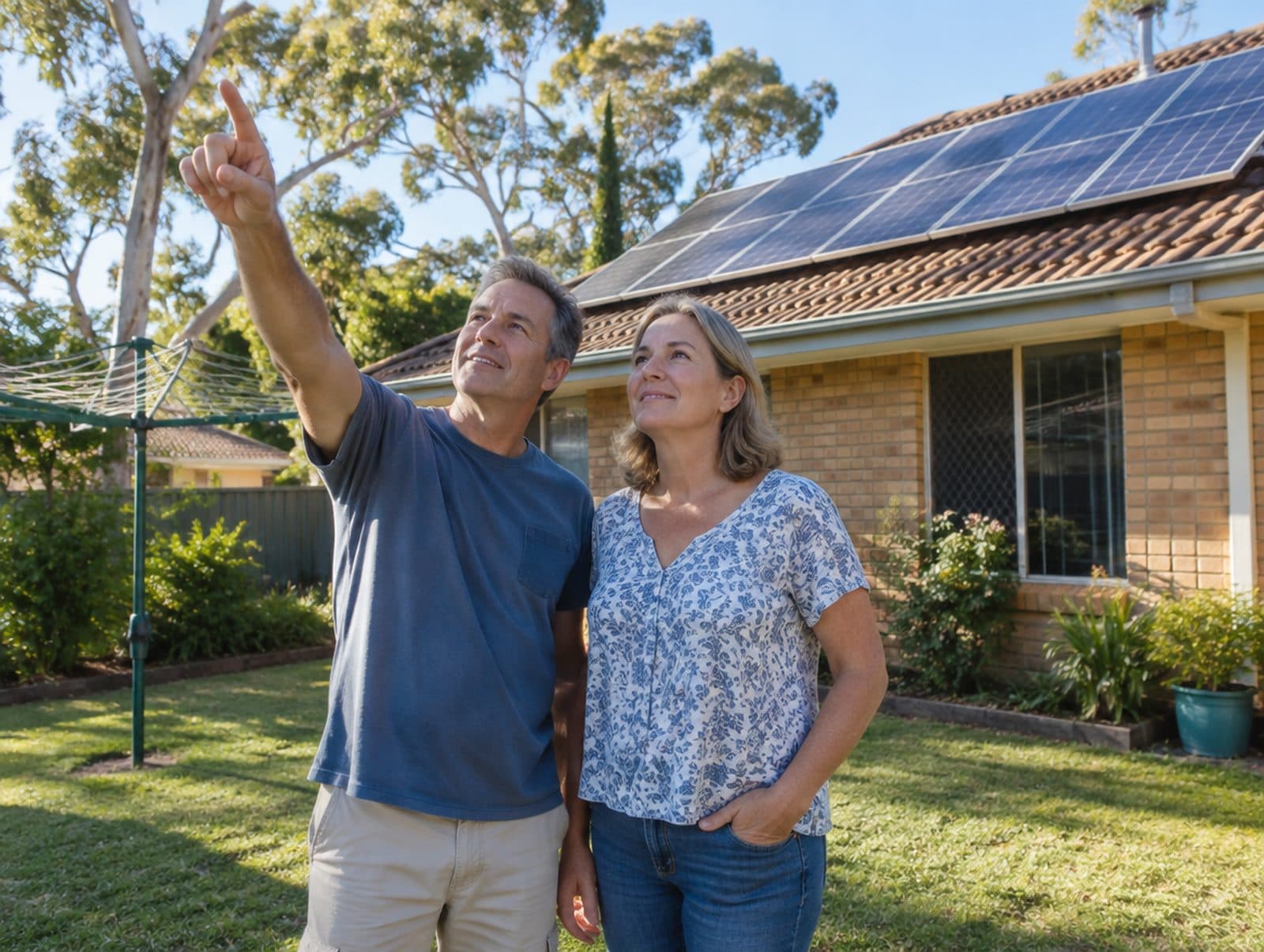 A Brisbane couple in their back yard looking up at the solar panels on their roof