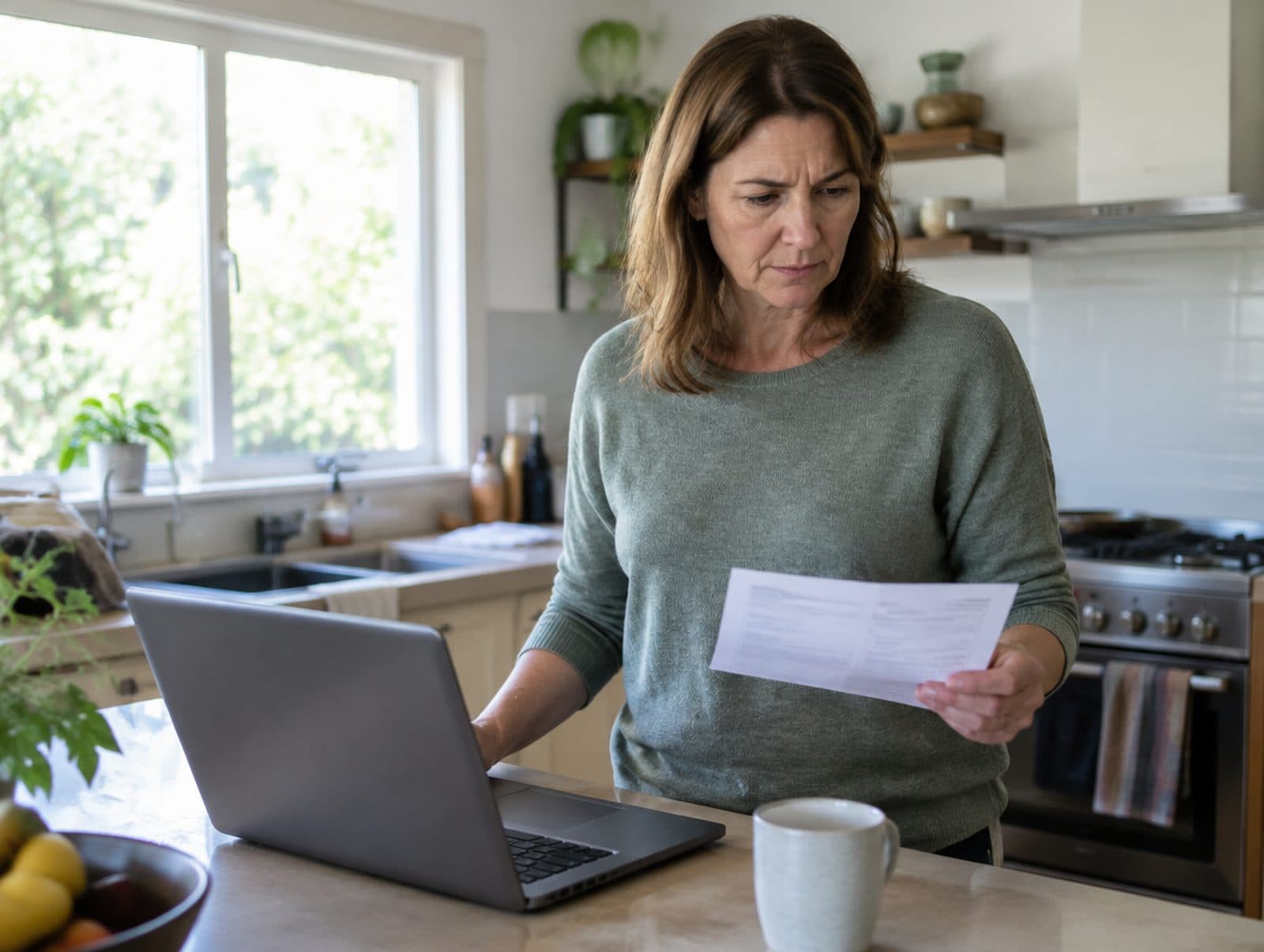 A woman at her kitchen bench going through an electricity bill on her laptop