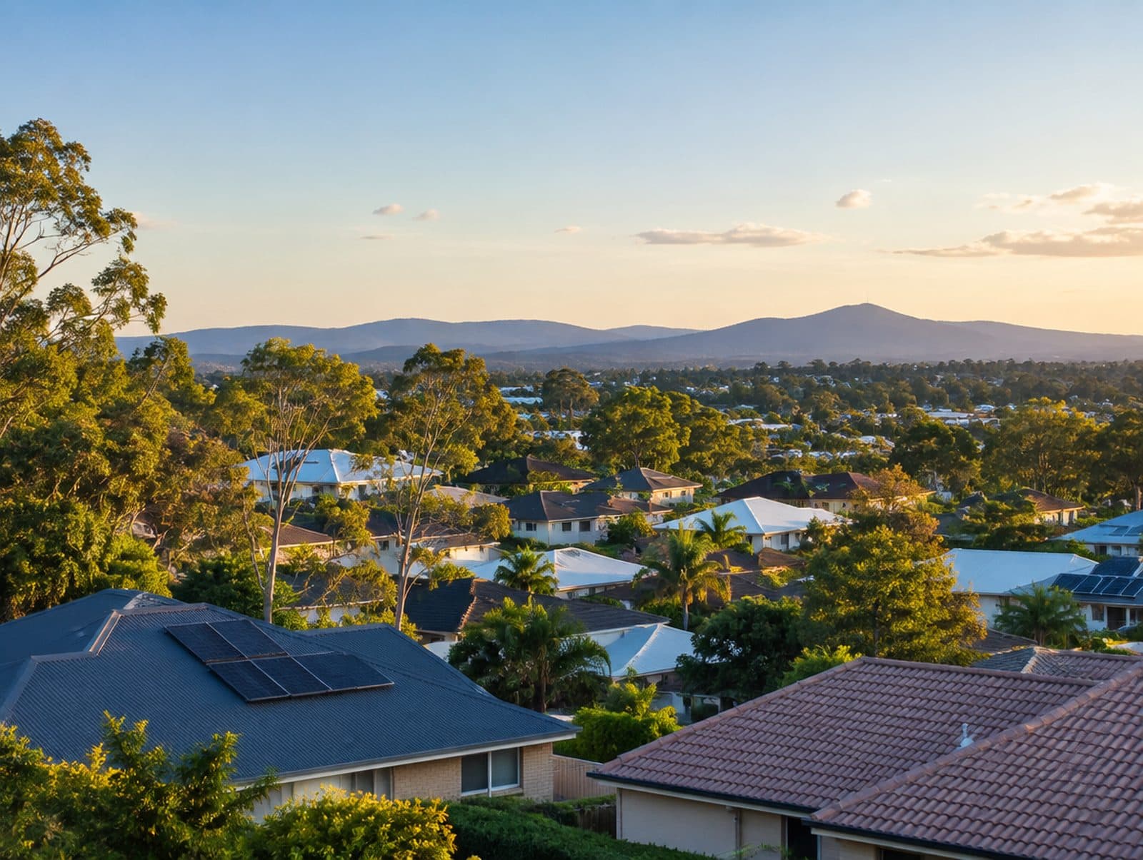A South East Queensland suburb from above, solar panels on many of the roofs