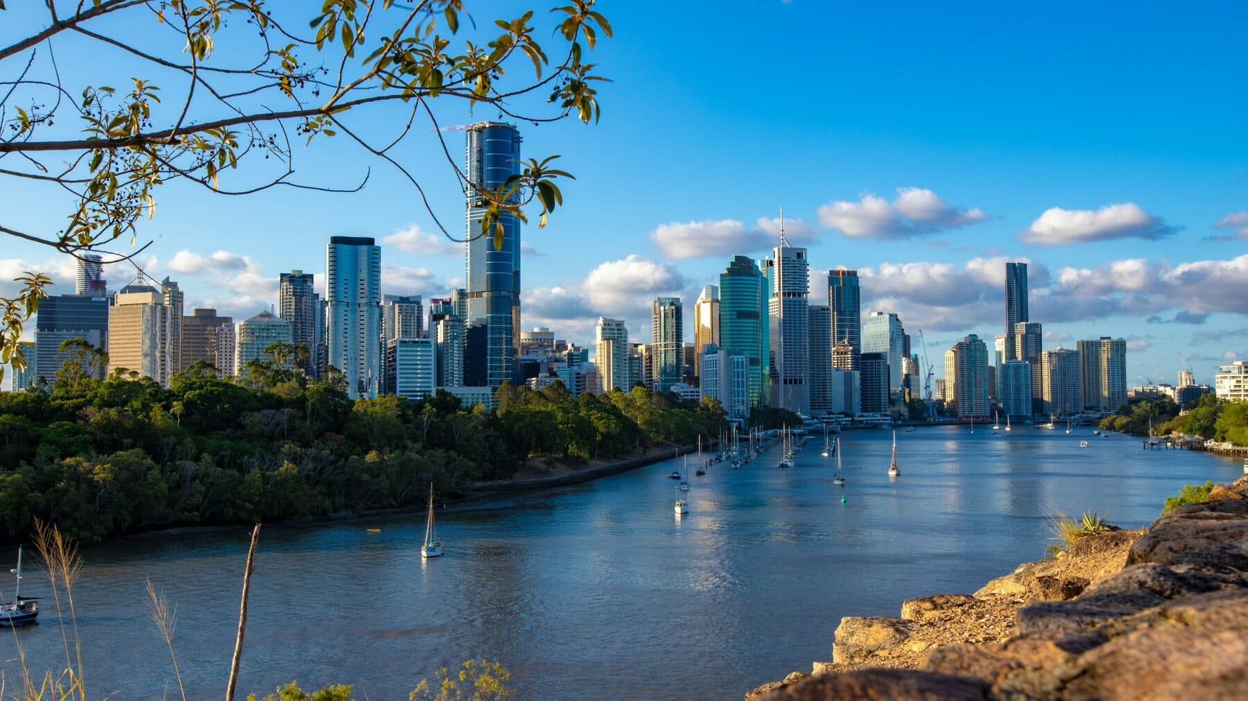 Brisbane city skyline across the river on a clear day
