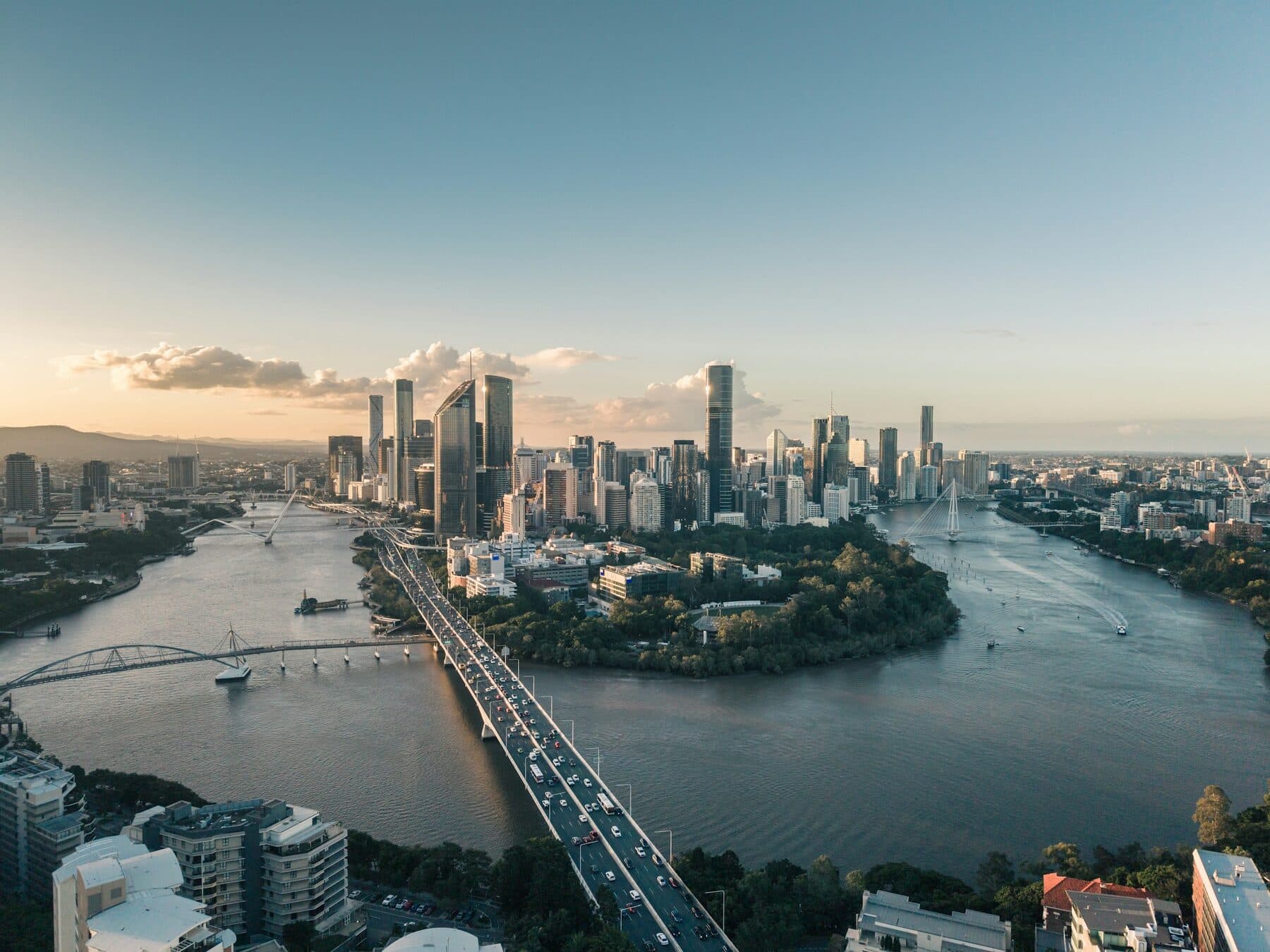 Aerial view of Brisbane and the river at golden hour