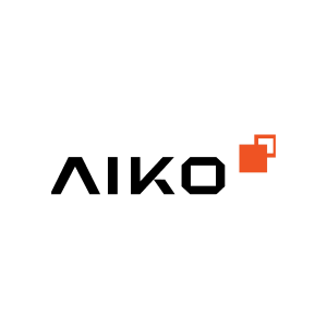 AIKO logotype in a minimal square style, paired with two squares in orange and white. The orange square is in front with the white square behind the orange square. The white square is half the size and has an orange outline.