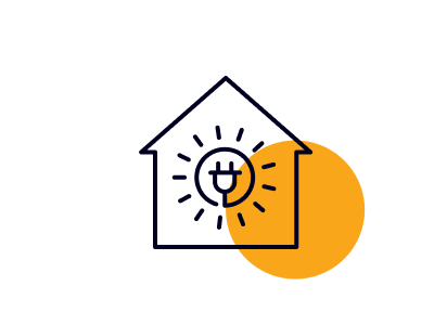 Condition assessment icon - solar health check - electrical plug, evolving into a sun, inside a house showing the show is powering the home.