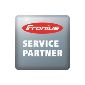 Fronius logo, inside a grey/ blue square containing the words 'Service Partner'.