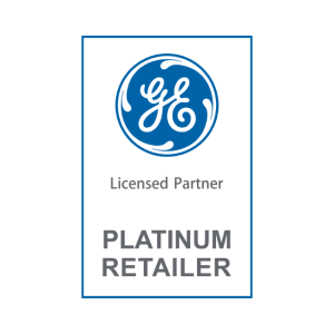 GE Logo above 'licensed partner', and the words 'platinum retailer' in a square with a blue border.