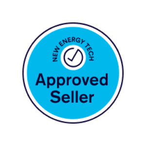 Mid blue circle with 'New Energy Tech' and 'Approved Seller' written in the circle with a tick/ check in the centre.