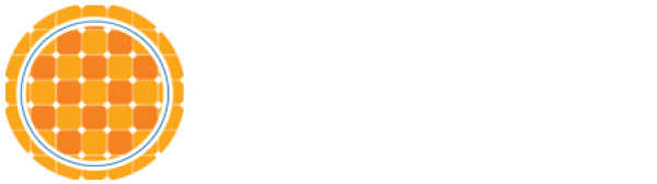 UV Power logo with white text, paired with the yellow logo icon sun that also represents solar panels.