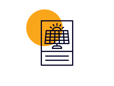 Operational testing icon - solar health check - Report document rectangle featuring solar panels and a sun behind them