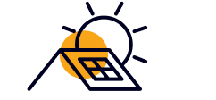 Solar system line icon with the sun behind the panels on the roof